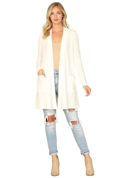 Hacci Solid Front Long Sleeve Side Pocket Open Front Cardigan Off White - Pack of 6