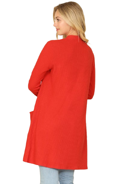 Hacci Solid Front Long Sleeve Side Pocket Open Front Cardigan Rust - Pack of 6