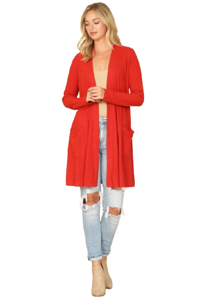 Hacci Solid Front Long Sleeve Side Pocket Open Front Cardigan Rust - Pack of 6