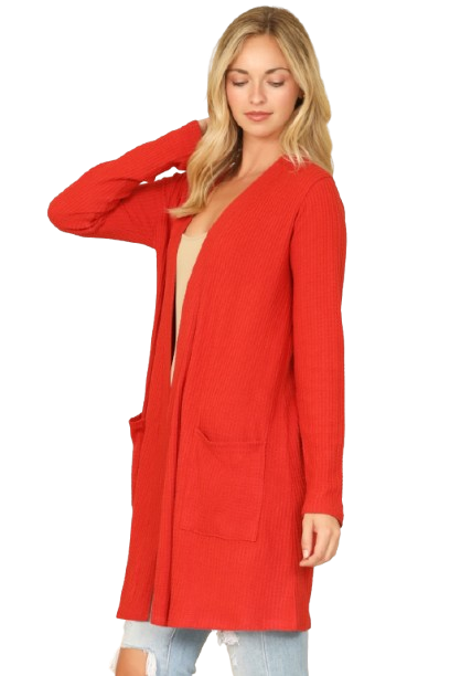 Hacci Solid Front Long Sleeve Side Pocket Open Front Cardigan Rust - Pack of 6
