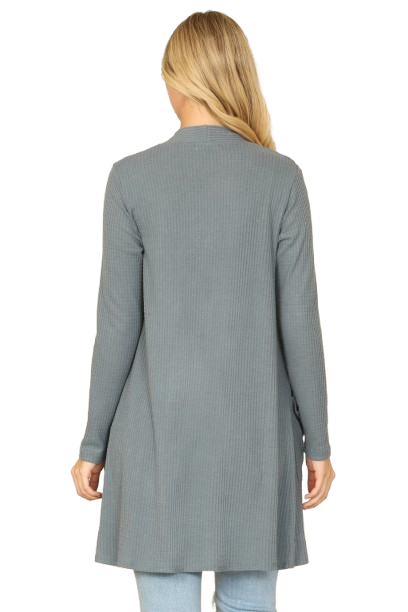 Hacci Solid Front Long Sleeve Side Pocket Open Front Cardigan Teal Denim - Pack of 6