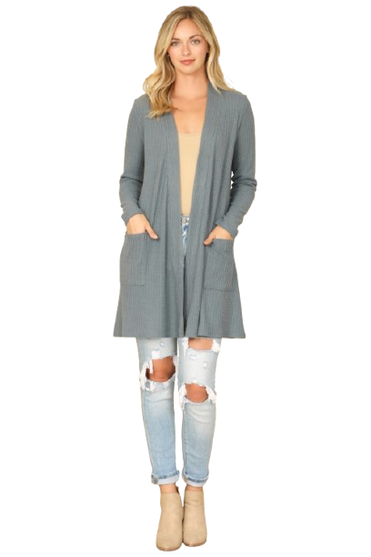 Hacci Solid Front Long Sleeve Side Pocket Open Front Cardigan Teal Denim - Pack of 6