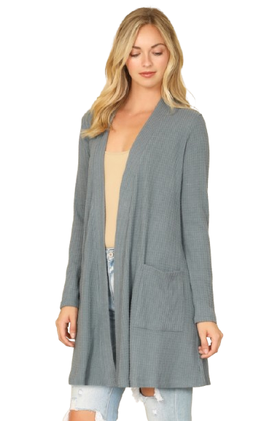 Hacci Solid Front Long Sleeve Side Pocket Open Front Cardigan Teal Denim - Pack of 6