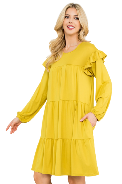 Long Sleeve Ruffle Detail Solid Dress Royal Dijon - Pack of 6