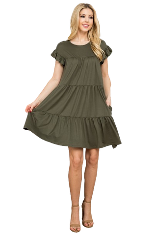 Solid Round Neckline Long Sleeve Dress Olive - Pack of 6