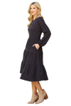 Long Puff Sleeve Elastic Waist Jacquard Knit Tiered Dress Charcoal - Pack of 6