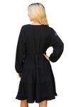 Woven Puff Sleeve V Neck Elastic Waist Tiered Dress Black - Pack of 6