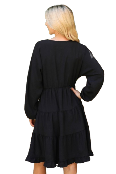 Woven Puff Sleeve V Neck Elastic Waist Tiered Dress Black - Pack of 6