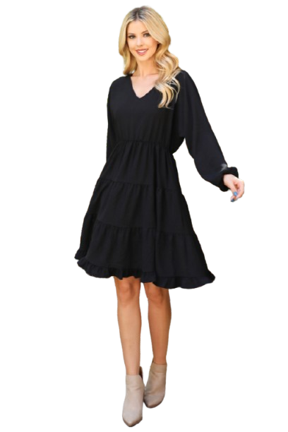 Woven Puff Sleeve V Neck Elastic Waist Tiered Dress Black - Pack of 6