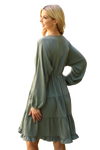 Woven Puff Sleeve V Neck Elastic Waist Tiered Dress Olive - Pack of 6