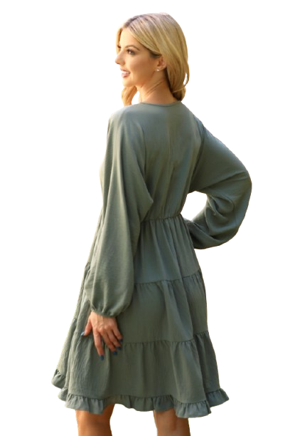 Woven Puff Sleeve V Neck Elastic Waist Tiered Dress Olive - Pack of 6