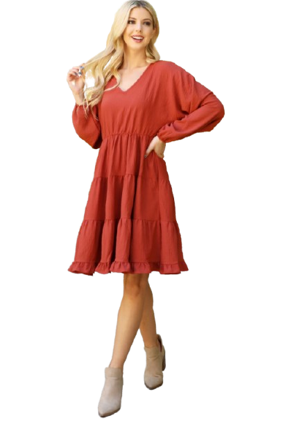 Woven Puff Sleeve V Neck Elastic Waist Tiered Dress Rust - Pack of 6