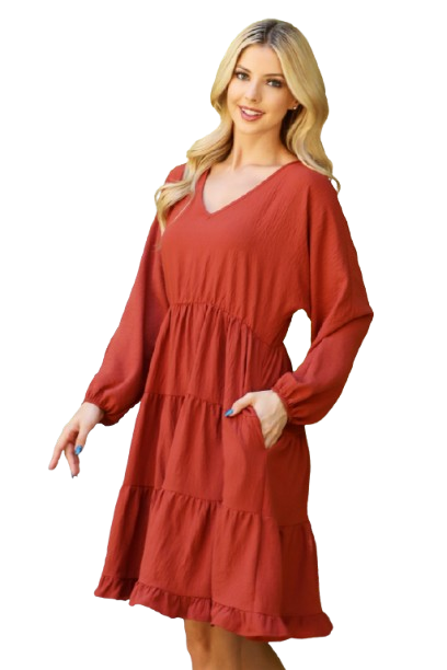 Woven Puff Sleeve V Neck Elastic Waist Tiered Dress Rust - Pack of 6