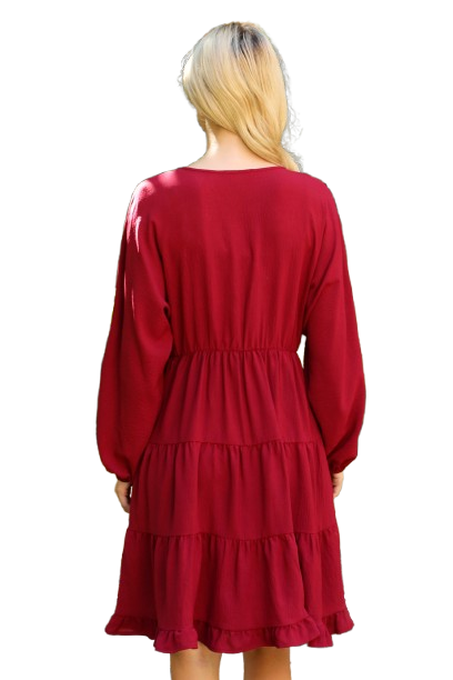 Woven Puff Sleeve V Neck Elastic Waist Tiered Dress Wine - Pack of 6
