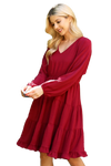 Woven Puff Sleeve V Neck Elastic Waist Tiered Dress Wine - Pack of 6