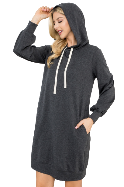 Plus Size French Terry Long Puff Sleeve Hoodie Dress Charcoal - Pack of 6