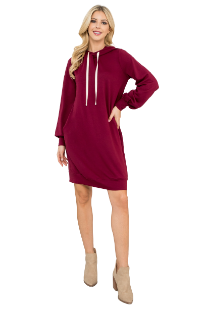Plus Size French Terry Long Puff Sleeve Hoodie Dress Ox Blood - Pack of 6