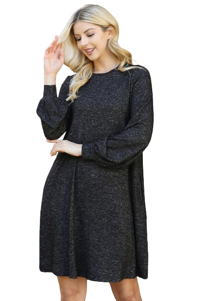 Plus Size Puff Long Sleeve Hacci Brushed Dress Black 2Tone - Pack of 6