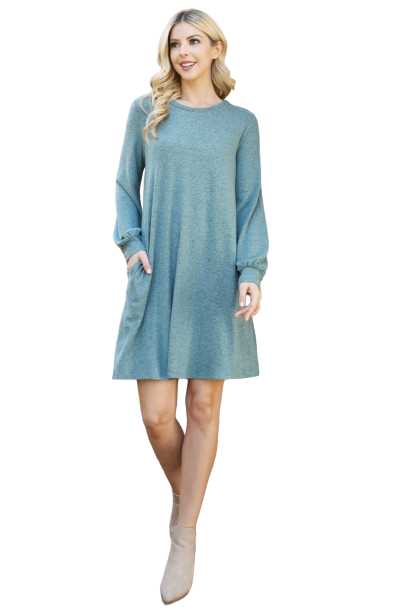 Plus Size Puff Long Sleeve Hacci Brushed Dress Dusty Green - Pack of 6