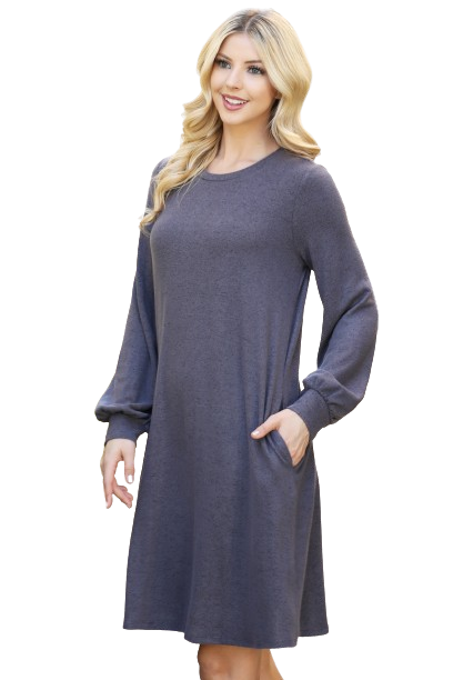 Plus Size Puff Long Sleeve Hacci Brushed Dress Grey Dark - Pack of 6