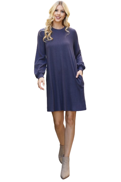 Plus Size Puff Long Sleeve Hacci Brushed Dress Navy Dark - Pack of 6