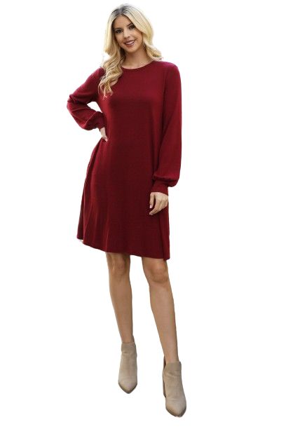 Plus Size Puff Long Sleeve Hacci Brushed Dress Ruby Dark - Pack of 6