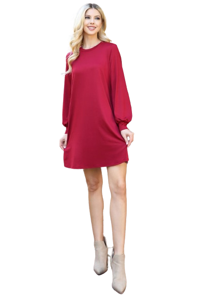 Solid Round Neckline Long Sleeve Dress Wine - Pack of 6