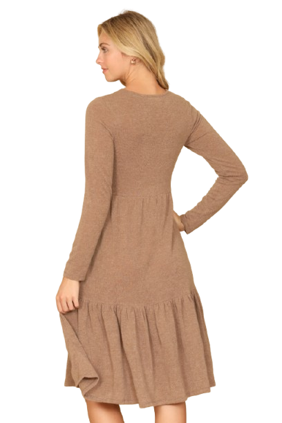 Long Sleeve Round Neck Chambray Tiered Camel - Pack of 6