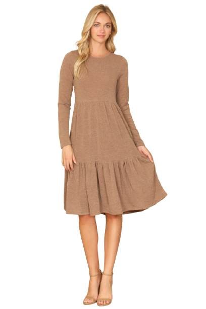 Long Sleeve Round Neck Chambray Tiered Camel - Pack of 6