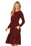 Long Sleeve Round Neck Chambray Tiered Dark Burgundy - Pack of 6