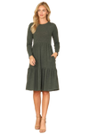 Long Sleeve Round Neck Chambray Tiered  Dark Olive - Pack of 6
