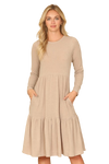 Long Sleeve Round Neck Chambray Tiered  Dark Taupe - Pack of 6