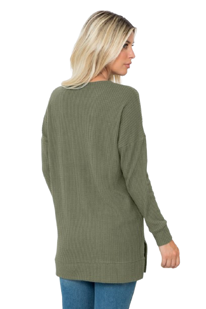 Plus Size Brushed Waffle Round Neck Side Slit Sweater Army Green - Pack of 6