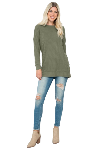 Plus Size Brushed Waffle Round Neck Side Slit Sweater Army Green - Pack of 6