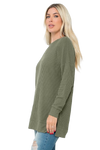 Plus Size Brushed Waffle Round Neck Side Slit Sweater Army Green - Pack of 6