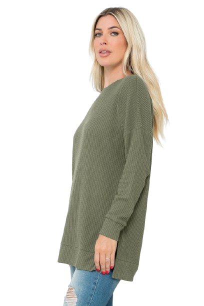 Plus Size Brushed Waffle Round Neck Side Slit Sweater Army Green - Pack of 6