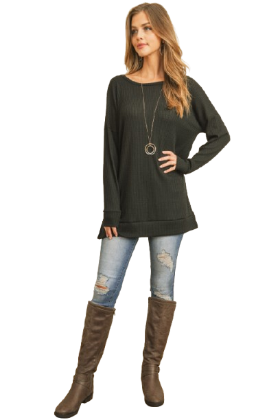 Plus Size Brushed Waffle Round Neck Side Slit Sweater Black - Pack of 6
