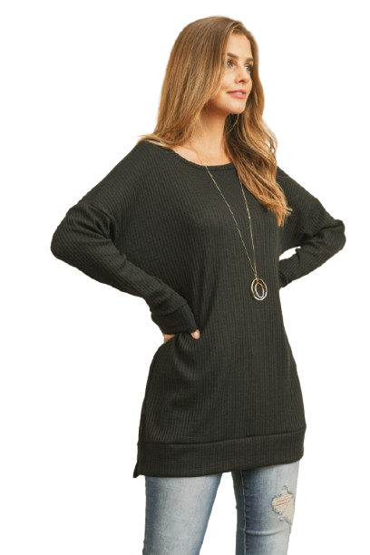 Plus Size Brushed Waffle Round Neck Side Slit Sweater Black - Pack of 6