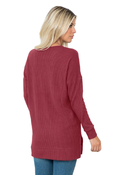 Plus Size Brushed Waffle Round Neck Side Slit Sweater Burgundy - Pack of 6