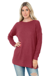 Plus Size Brushed Waffle Round Neck Side Slit Sweater Burgundy - Pack of 6