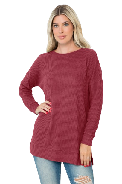 Plus Size Brushed Waffle Round Neck Side Slit Sweater Burgundy - Pack of 6