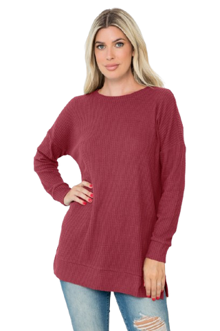 Plus Size Brushed Waffle Long Sleeve Side Pocket Open Front Cardigan Burgundy - Pack of 6