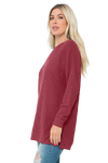 Plus Size Brushed Waffle Round Neck Side Slit Sweater Burgundy - Pack of 6