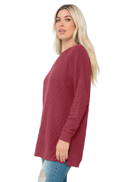 Plus Size Brushed Waffle Round Neck Side Slit Sweater Burgundy - Pack of 6