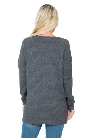 Plus Size Brushed Waffle Long Sleeve Side Pocket Open Front Cardigan Burgundy - Pack of 6