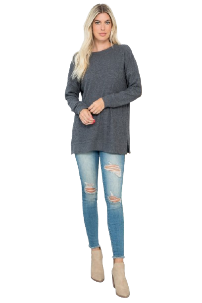 Plus Size Brushed Waffle Round Neck Side Slit Sweater Charcoal 2Tone - Pack of 6