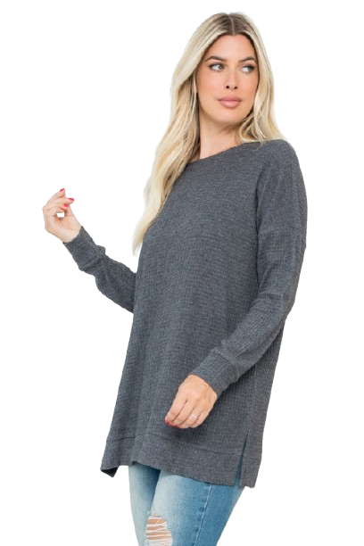 Plus Size Brushed Waffle Round Neck Side Slit Sweater Charcoal 2Tone - Pack of 6