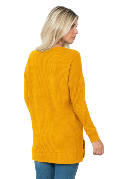 Plus Size Brushed Waffle Round Neck Side Slit Sweater Mustard - Pack of 6