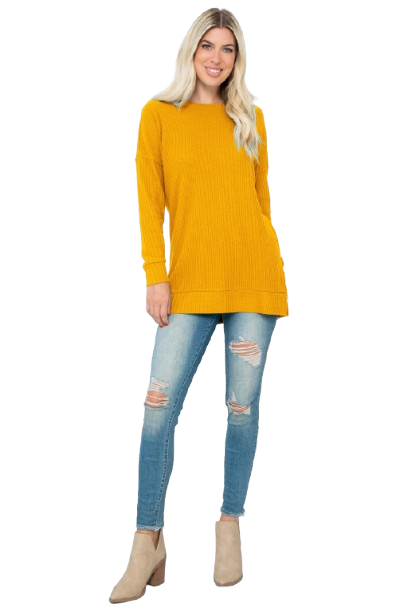 Plus Size Brushed Waffle Round Neck Side Slit Sweater Mustard - Pack of 6