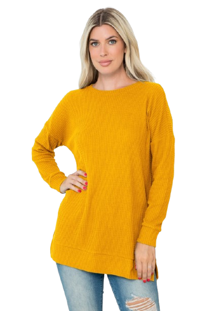 Plus Size Brushed Waffle Round Neck Side Slit Sweater Mustard - Pack of 6